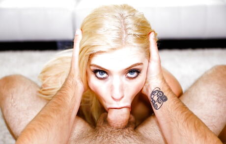 Stunning american blonde bombshell Giselle Palmer sucking deep big dick and enjoys a cum shot on her face 